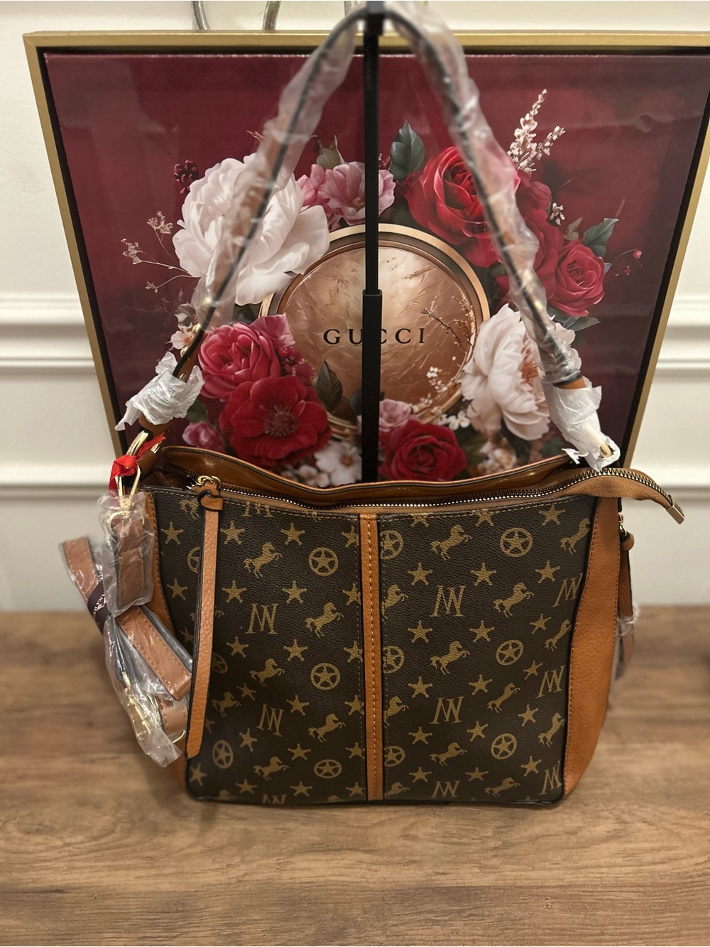 Montana West Brown Monogram Tote Shoulder Bag with Crossbody Strap